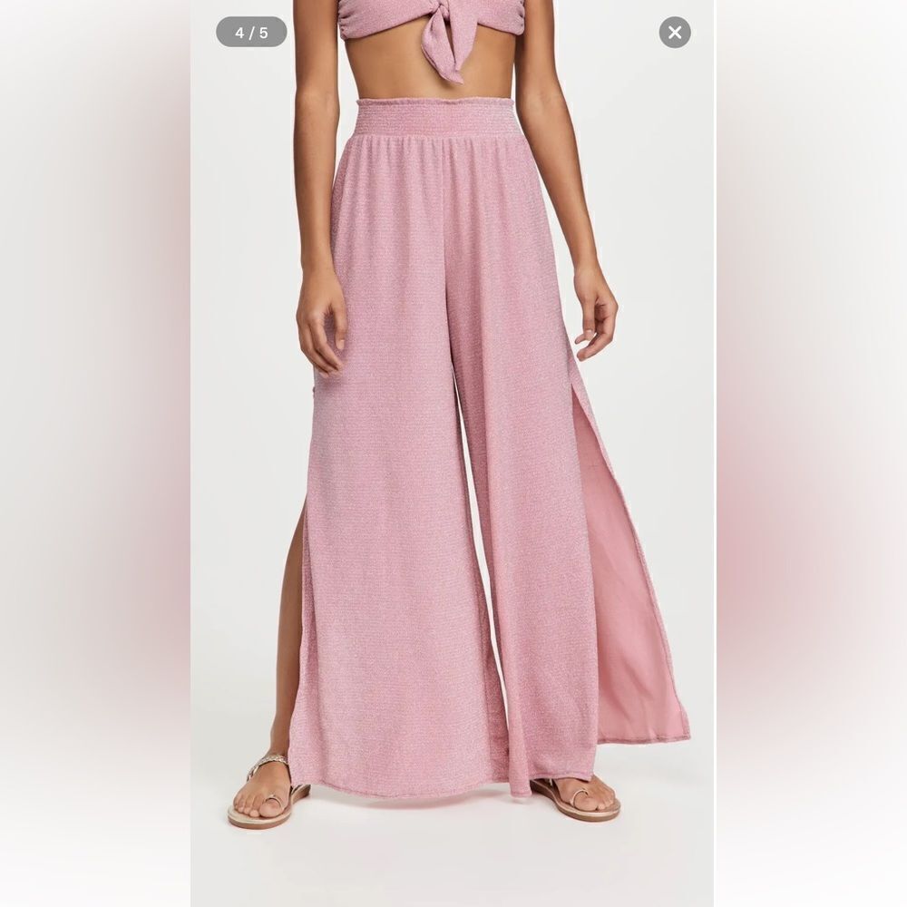NWT NEW RAMY BROOK Knit Athena Pant Pink Sparkle Flowy High Side Slit Wide Leg M